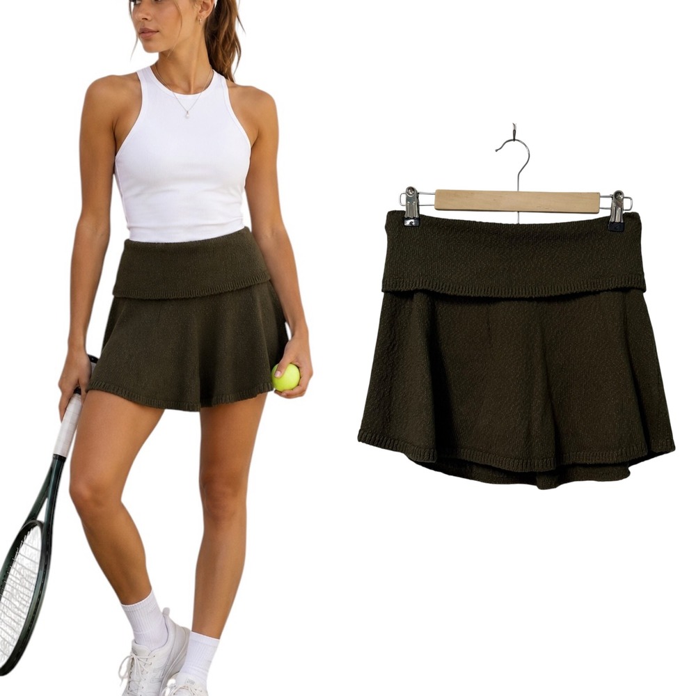 Free People Beach Skort Womens XS Olive Green Knit Foldover Mini Skirt Shorts